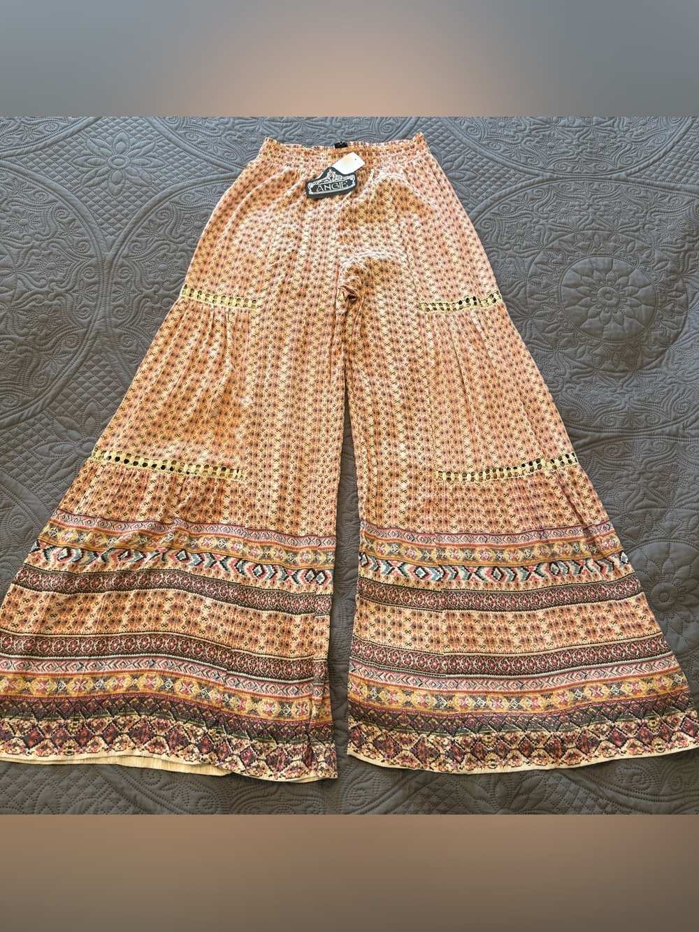 Angie Peach Multi-Print Wide-Leg Boho Pants